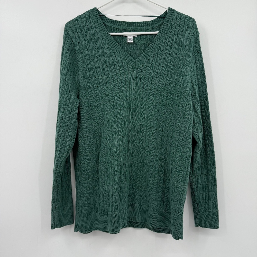 Croft Barrow Sweater Women 1X Green Cable Knit Long Sleeve V Neck Preppy Comfy